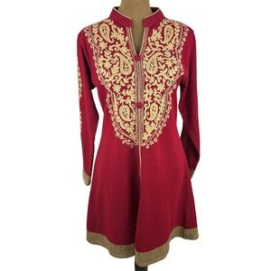 Vintage Wool Park Red‎ Knee-Length Dress – Gold Embroidered Detail, Size XL